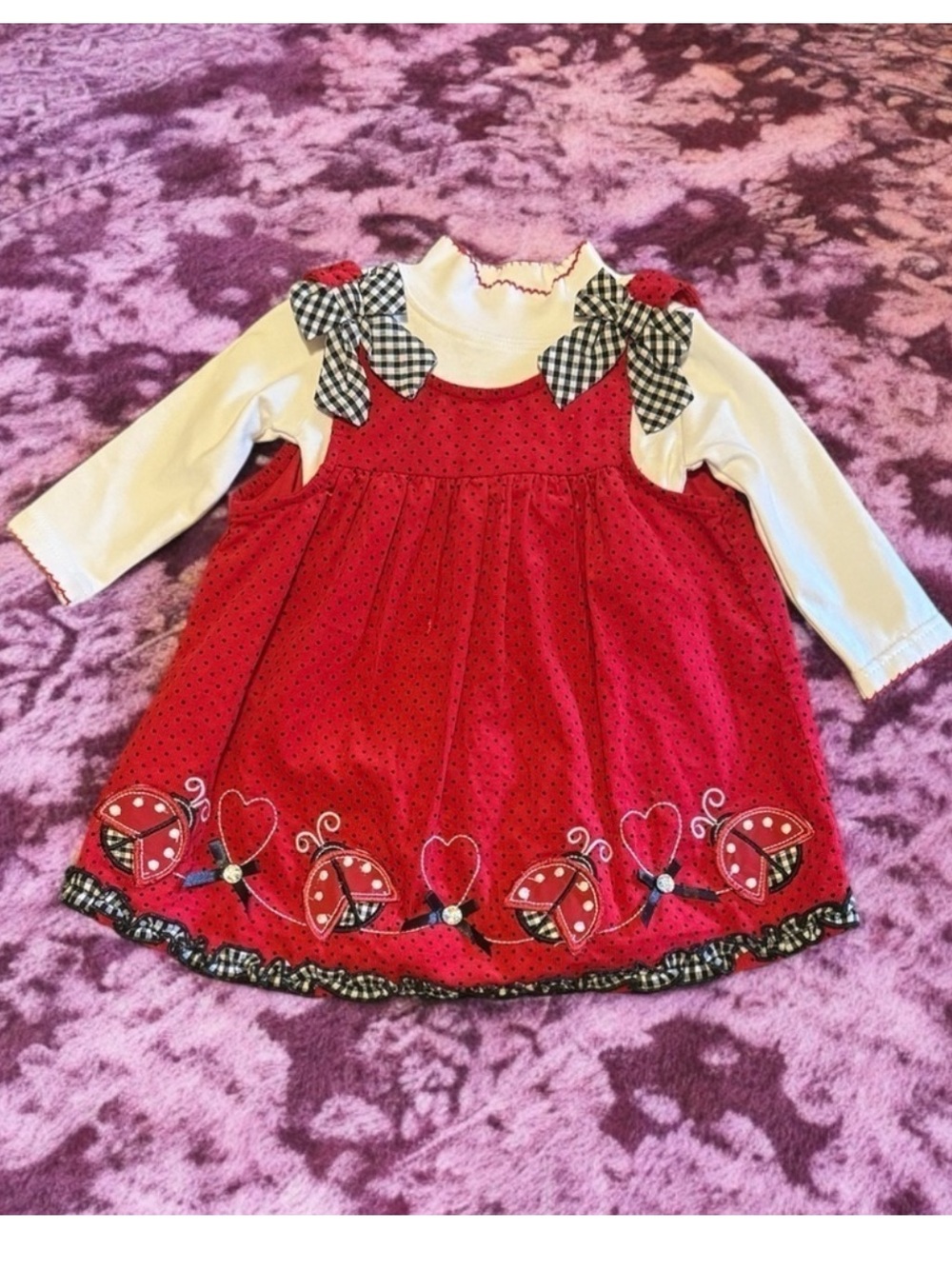 Blueberi Boulevard Red Ladybug Pinafore with Cream Shirt